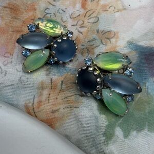 Vintage Kramer  Blue and Green Glass Cluster Clip Earrings